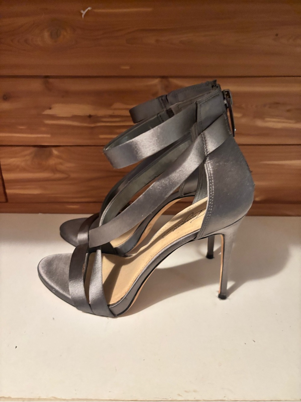 Vince Camuto Silver Satin Strappy Stiletto Sandals